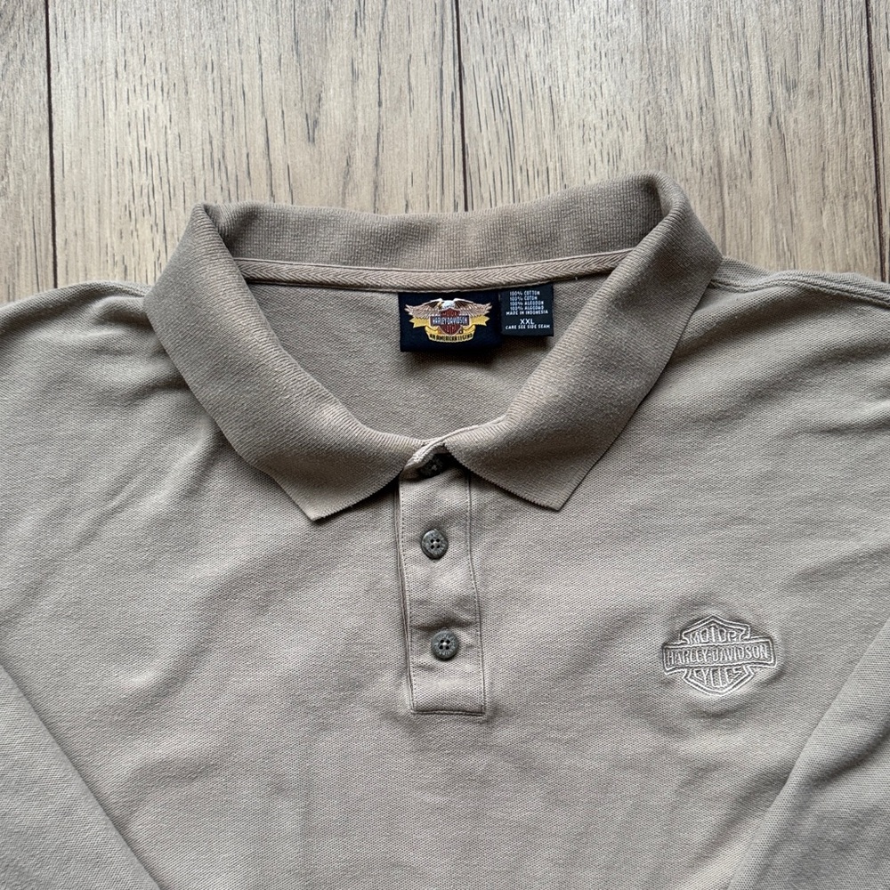Harley Davidson Men’s Polo Long Sleeve Shirt 2XL Tan Brown Motorcycle Collared